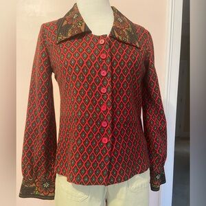 Vintage Mod Floral Print 1970s Red and Black Long Sleeve Shirt